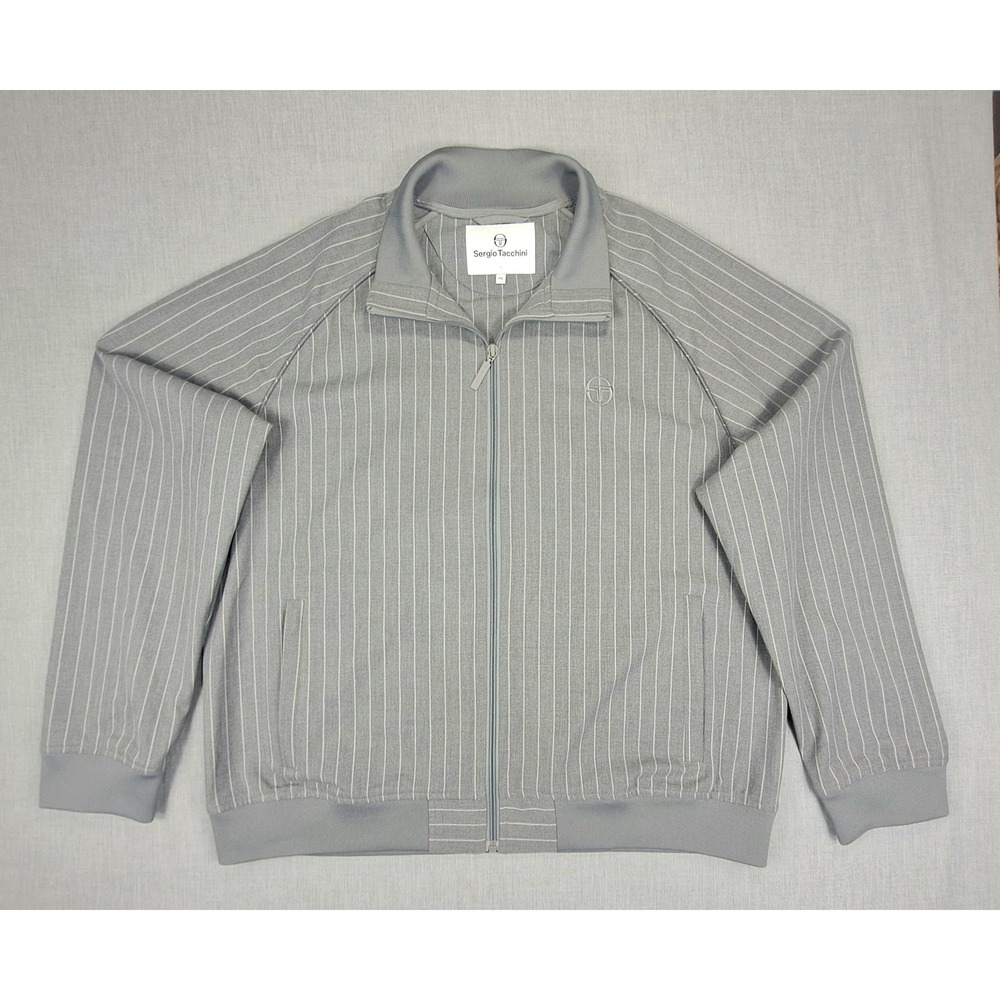 Sergio Tacchini Mens Grey Pinstripe Track Jacket Full Zip Mock Neck 2XL